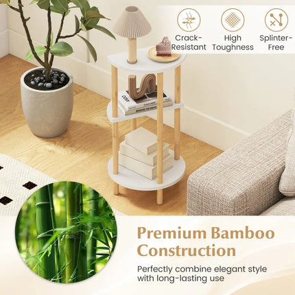 Set of 2 Round Side Table Compact with 3-Tier Shelves and Bamboo Construction-White - White - End & Side Tables