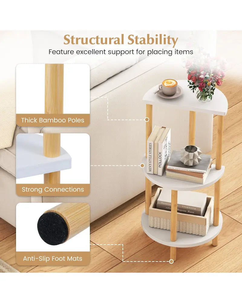 Set of 2 Round Side Table Compact with 3-Tier Shelves and Bamboo Construction-White - White - End & Side Tables