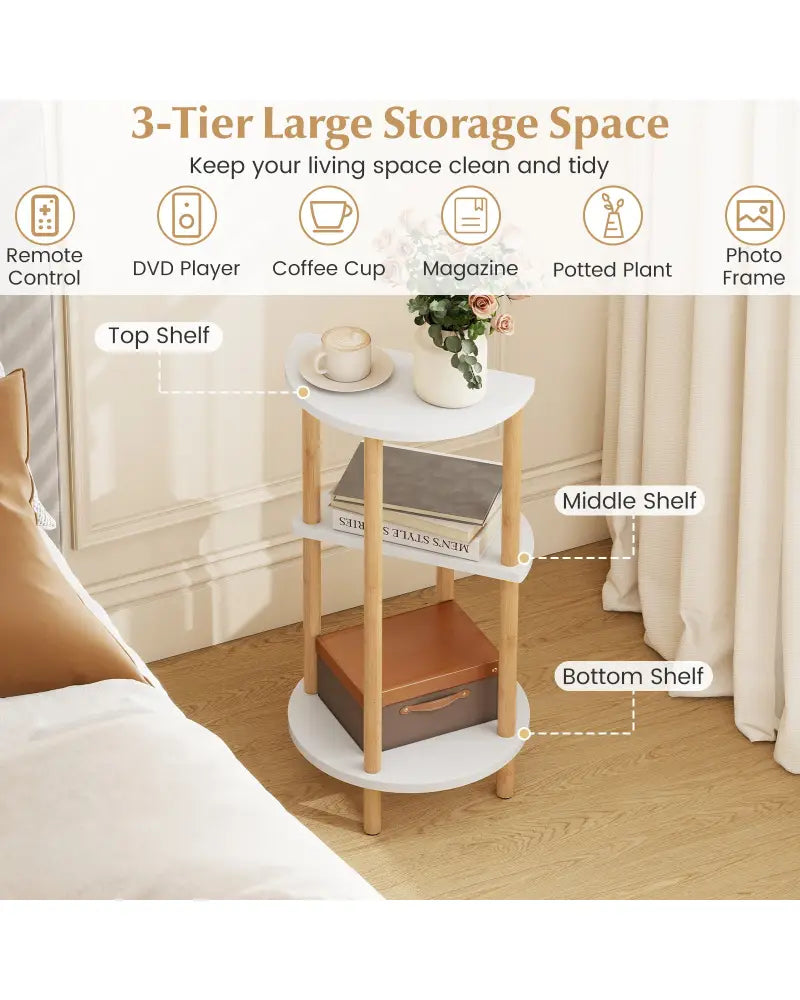 Set of 2 Round Side Table Compact with 3-Tier Shelves and Bamboo Construction-White - White - End & Side Tables