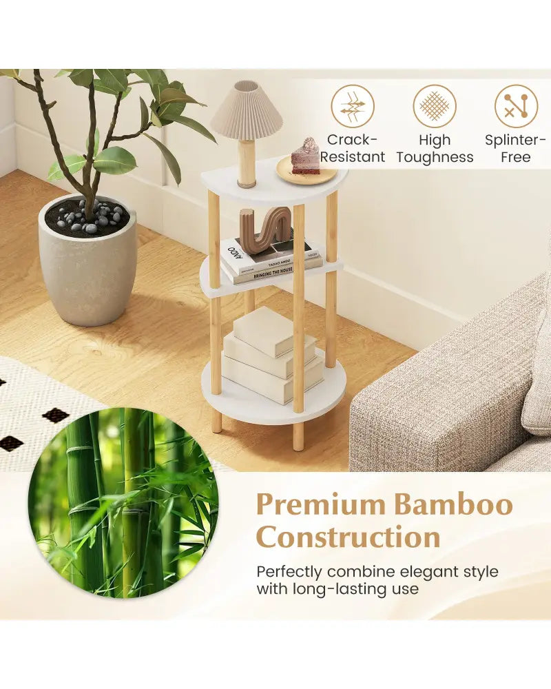 Set of 2 Round Side Table Compact with 3-Tier Shelves and Bamboo Construction-White - White - End & Side Tables