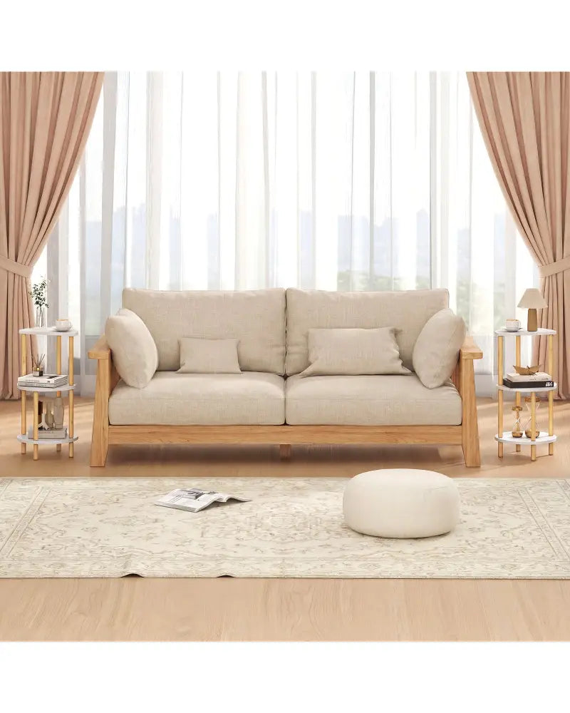 Set of 2 Round Side Table Compact with 3-Tier Shelves and Bamboo Construction-White - White - End & Side Tables
