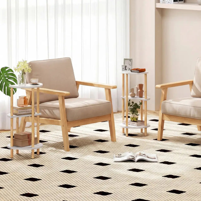 Set of 2 Round Side Table Compact with 3-Tier Shelves and Bamboo Construction-White - White - End & Side Tables