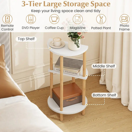 Set of 2 Round Side Table Compact with 3-Tier Shelves and Bamboo Construction-White - White - End & Side Tables