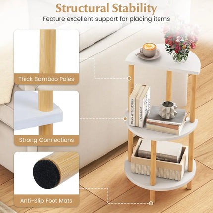 Set of 2 Round Side Table Compact with 3-Tier Shelves and Bamboo Construction-White - White - End & Side Tables