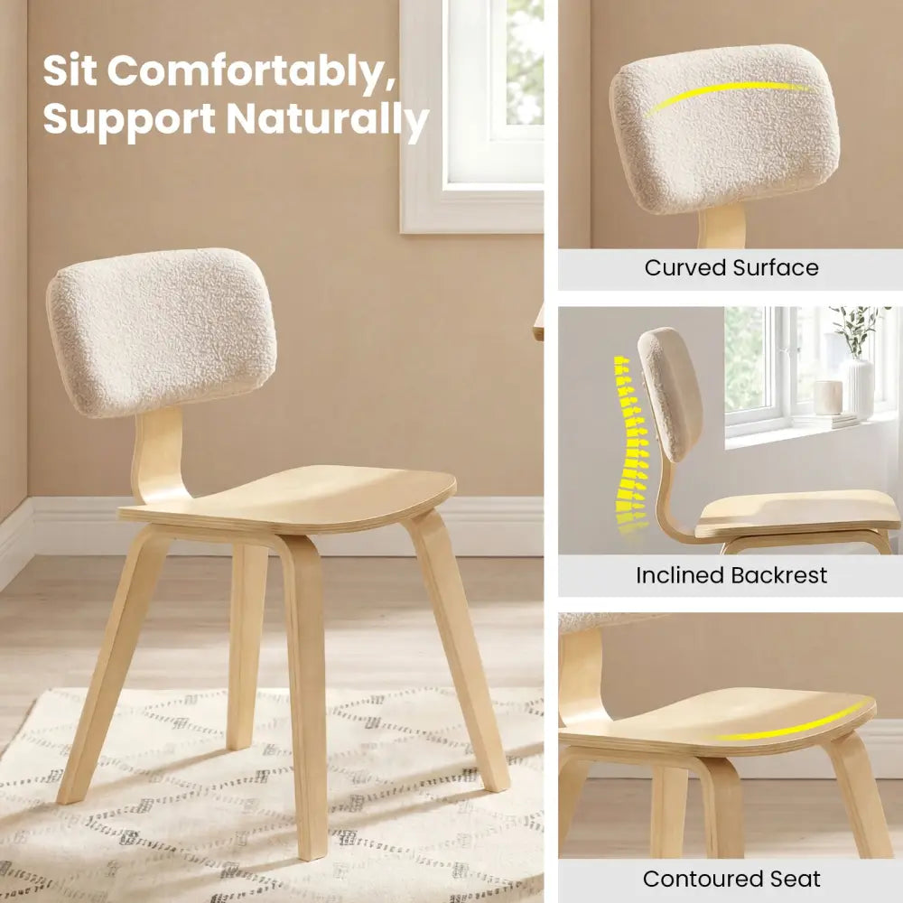 Set of 2 Rubber Wood Dining Room Chairs with Teddy Velvet Padded Backrest-Natural - Natural - Dining Chairs