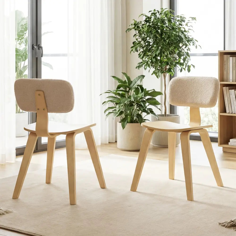 Set of 2 Rubber Wood Dining Room Chairs with Teddy Velvet Padded Backrest-Natural - Natural - Dining Chairs