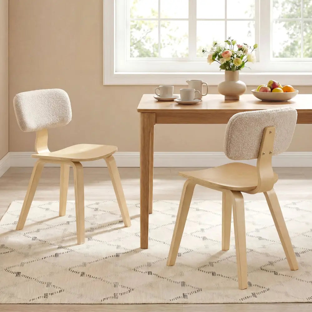 Set of 2 Rubber Wood Dining Room Chairs with Teddy Velvet Padded Backrest-Natural - Natural - Dining Chairs