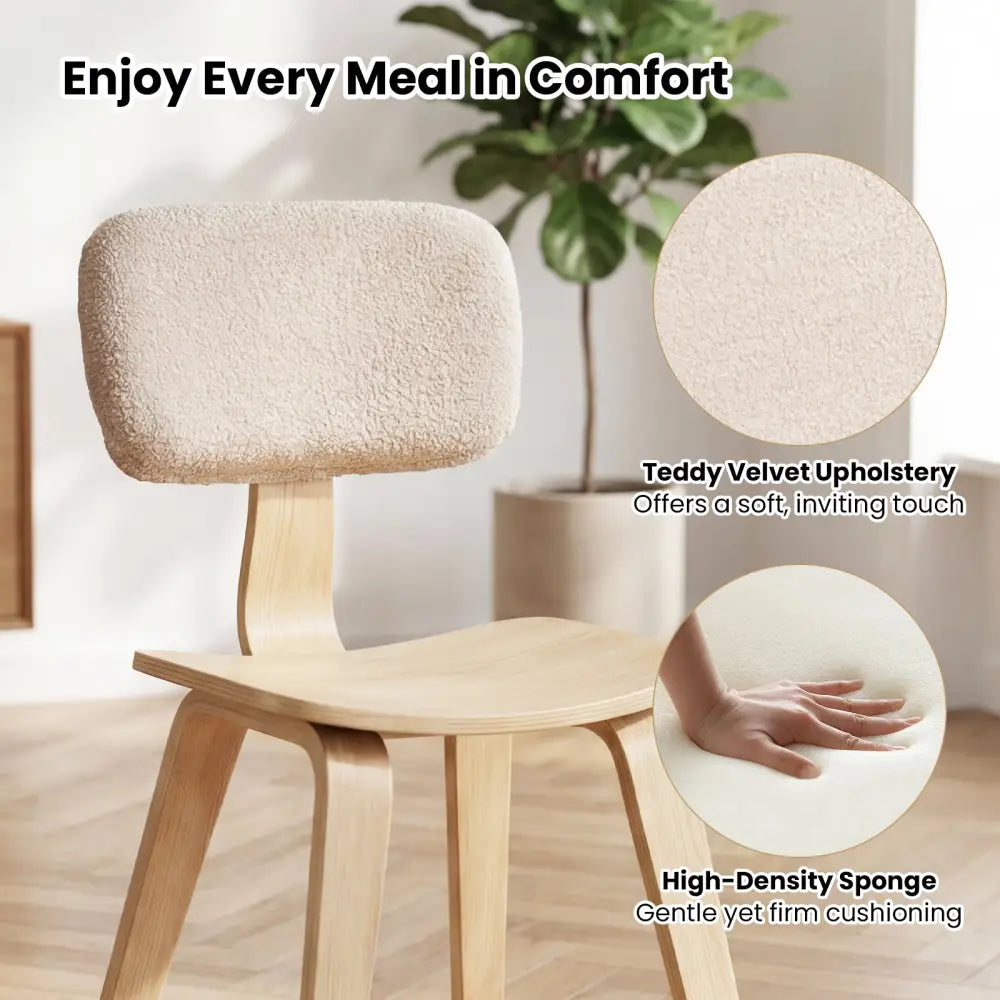 Set of 2 Rubber Wood Dining Room Chairs with Teddy Velvet Padded Backrest-Natural - Natural - Dining Chairs