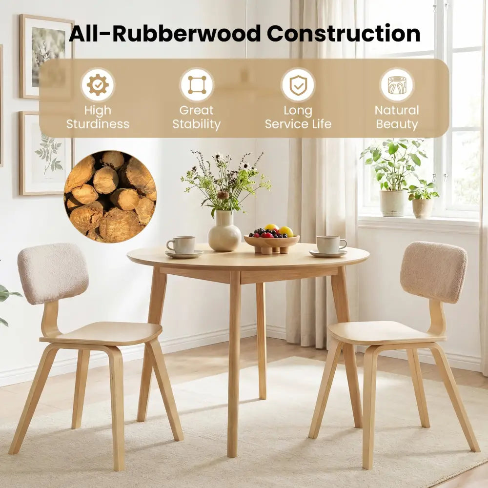 Set of 2 Rubber Wood Dining Room Chairs with Teddy Velvet Padded Backrest-Natural - Natural - Dining Chairs