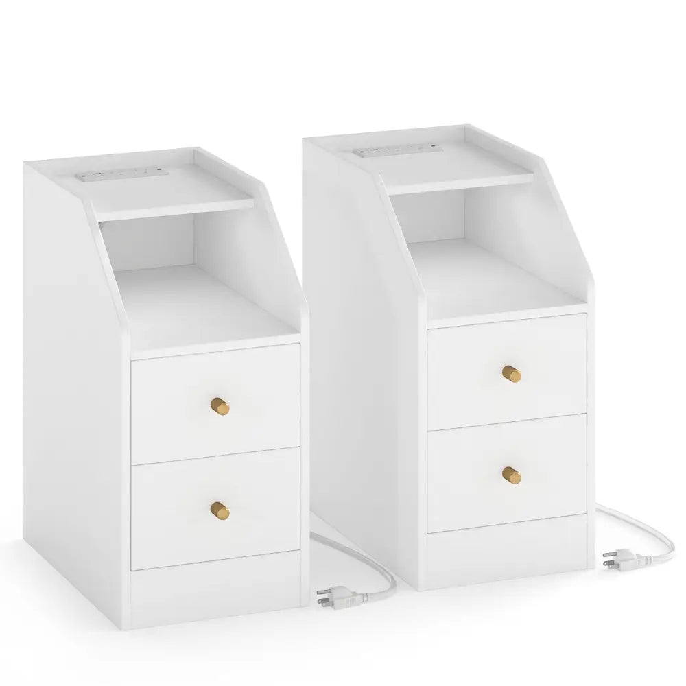 Set of 2 Side End Tables with Charging Station Sofa Couch Tables with Shelf Drawers-White - White - End & Side Tables