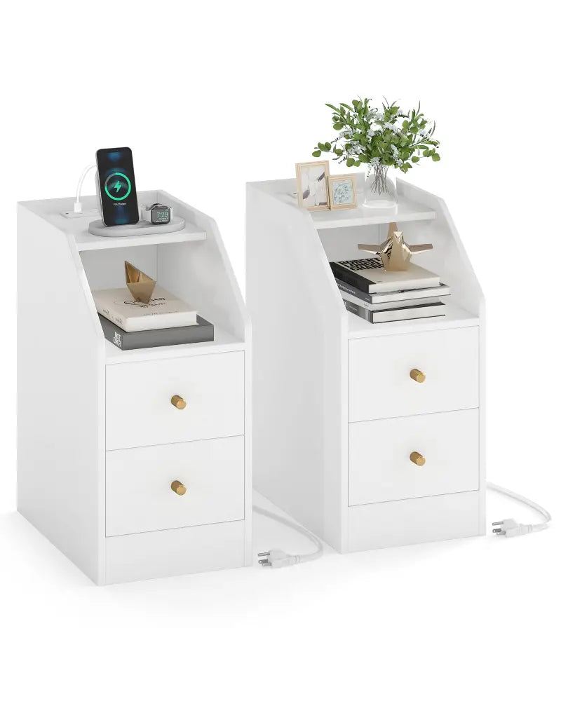 Set of 2 Side End Tables with Charging Station Sofa Couch Tables with Shelf Drawers-White - White - End & Side Tables