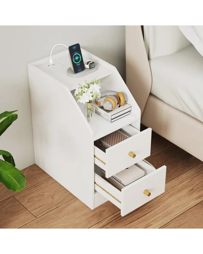 Set of 2 Side End Tables with Charging Station Sofa Couch Tables with Shelf Drawers-White - White - End & Side Tables