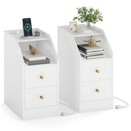 Set of 2 Side End Tables with Charging Station Sofa Couch Tables with Shelf Drawers-White - White - End & Side Tables