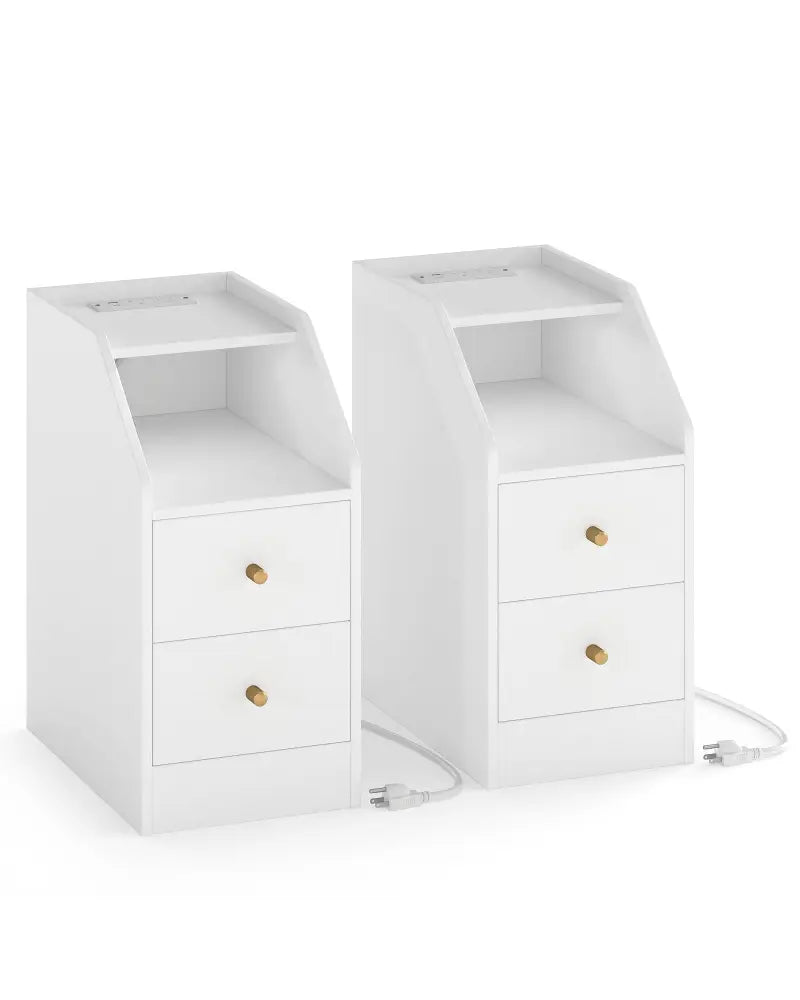 Set of 2 Side End Tables with Charging Station Sofa Couch Tables with Shelf Drawers-White - White - End & Side Tables