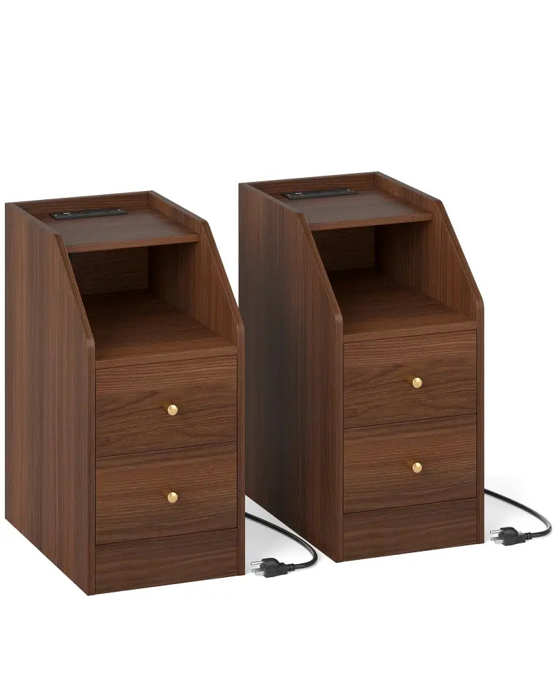 Set of 2 Side End Tables with Charging Station Sofa Couch Tables with Shelf Drawers-Walnut - Walnut - End & Side Tables