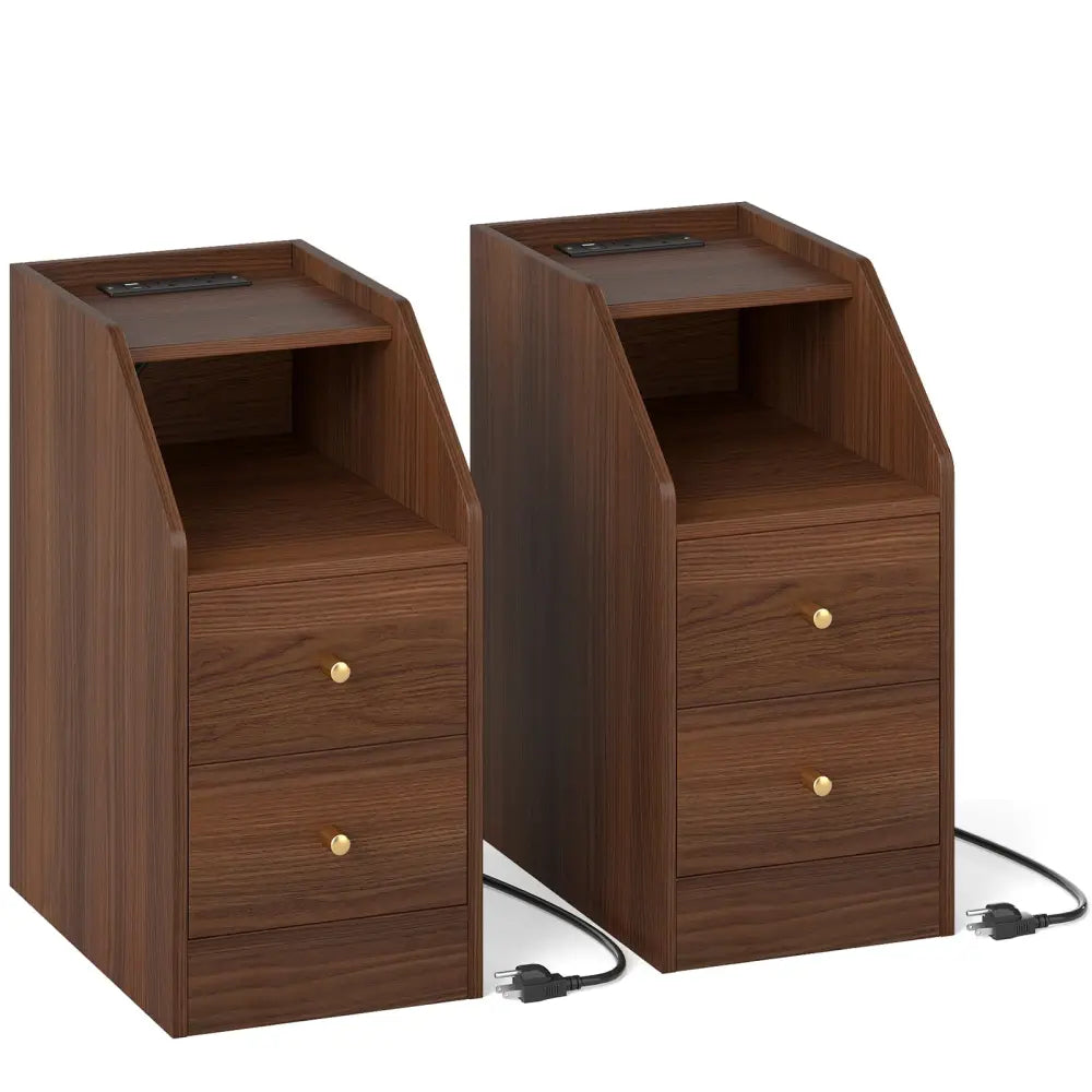 Set of 2 Side End Tables with Charging Station Sofa Couch Tables with Shelf Drawers-Walnut - Walnut - End & Side Tables