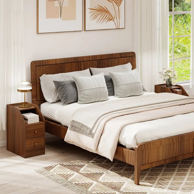 Set of 2 Side End Tables with Charging Station Sofa Couch Tables with Shelf Drawers-Walnut - Walnut - End & Side Tables