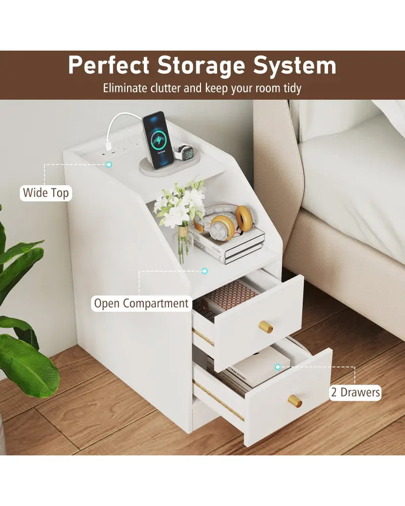 Set of 2 Side End Tables with Charging Station Sofa Couch Tables with Shelf Drawers-White - White - End & Side Tables