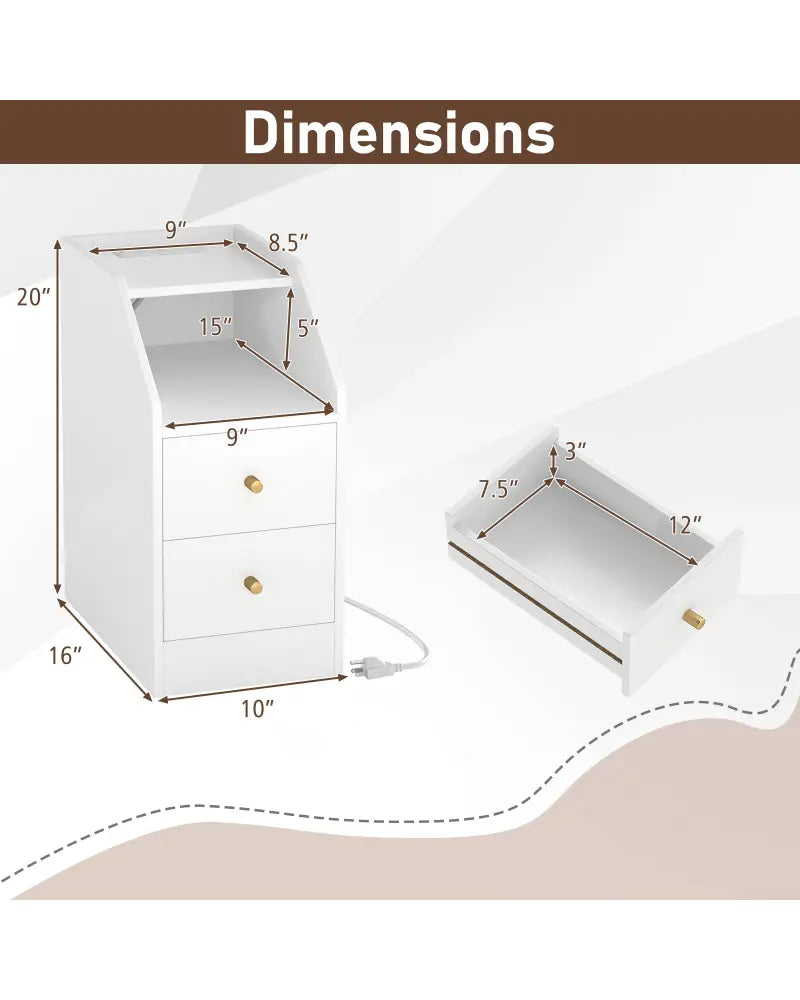 Set of 2 Side End Tables with Charging Station Sofa Couch Tables with Shelf Drawers-White - White - End & Side Tables