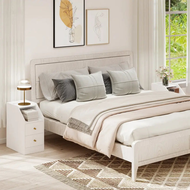 Set of 2 Side End Tables with Charging Station Sofa Couch Tables with Shelf Drawers-White - White - End & Side Tables