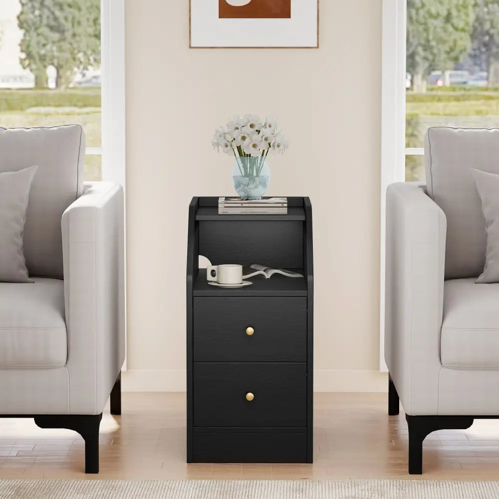Set of 2 Side End Tables with Charging Station Sofa Couch Tables with Shelf Drawers-Black - Black - End & Side Tables