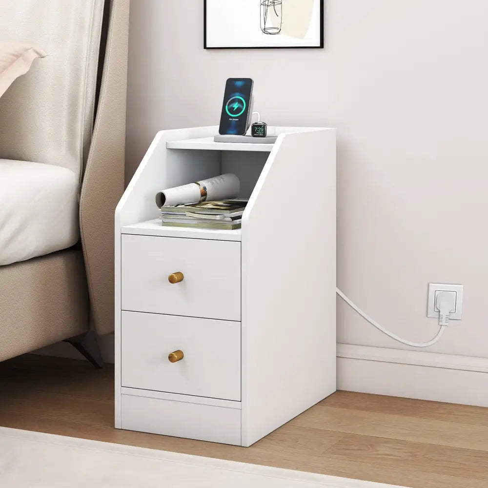 Set of 2 Side End Tables with Charging Station Sofa Couch Tables with Shelf Drawers-White - White - End & Side Tables