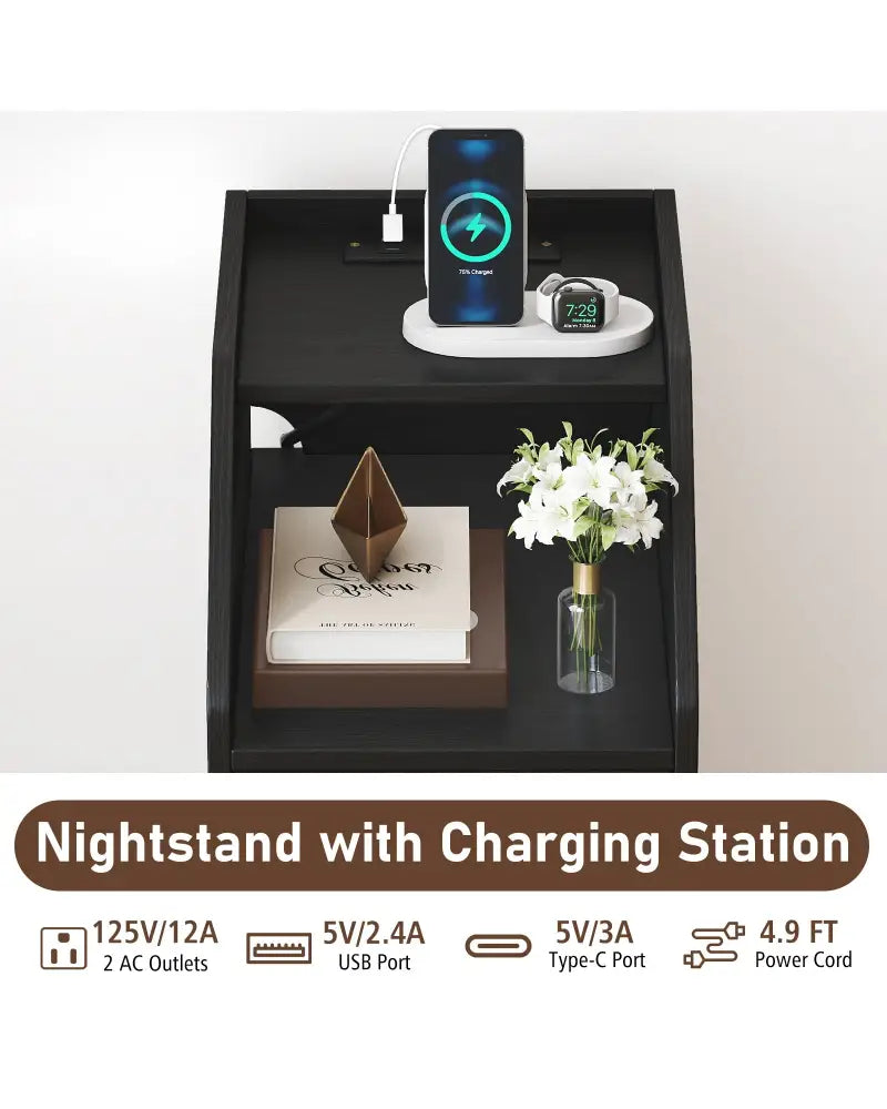 Set of 2 Side End Tables with Charging Station Sofa Couch Tables with Shelf Drawers-Black - Black - End & Side Tables