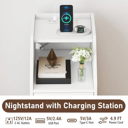 Set of 2 Side End Tables with Charging Station Sofa Couch Tables with Shelf Drawers-White - White - End & Side Tables