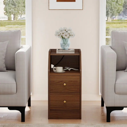 Set of 2 Side End Tables with Charging Station Sofa Couch Tables with Shelf Drawers-Walnut - Walnut - End & Side Tables