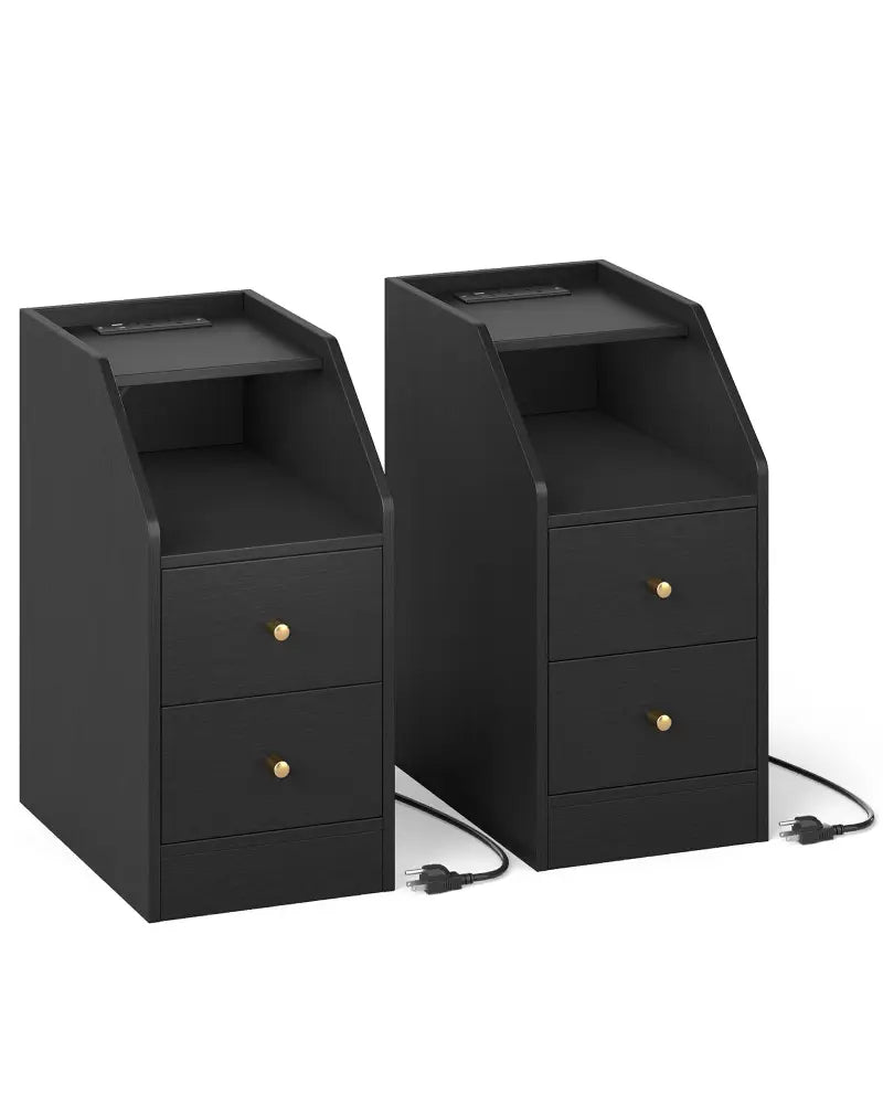 Set of 2 Side End Tables with Charging Station Sofa Couch Tables with Shelf Drawers-Black - Black - End & Side Tables