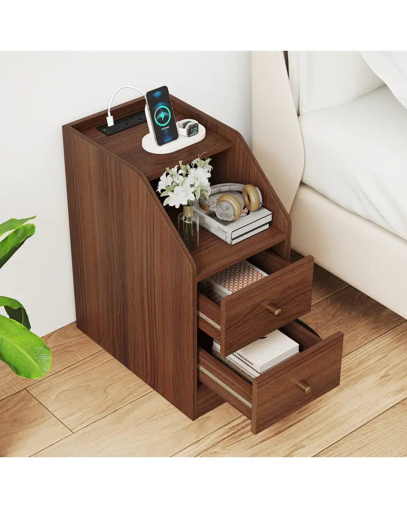 Set of 2 Side End Tables with Charging Station Sofa Couch Tables with Shelf Drawers-Walnut - Walnut - End & Side Tables