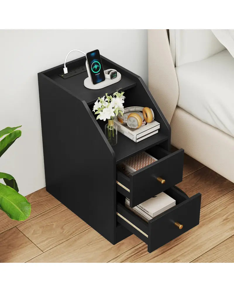 Set of 2 Side End Tables with Charging Station Sofa Couch Tables with Shelf Drawers-Black - Black - End & Side Tables