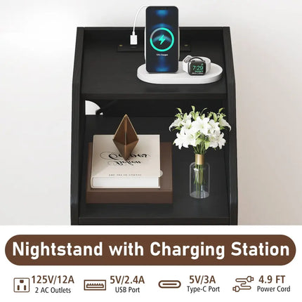 Set of 2 Side End Tables with Charging Station Sofa Couch Tables with Shelf Drawers-Black - Black - End & Side Tables