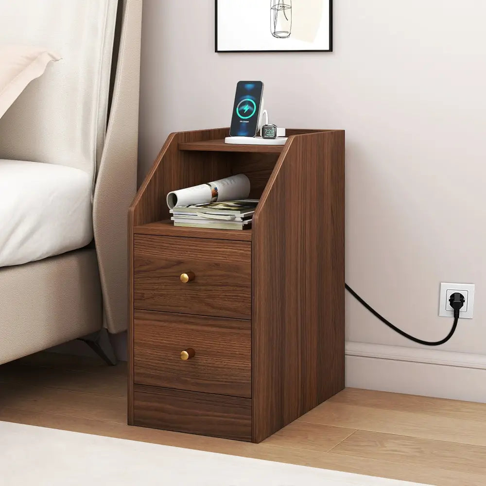 Set of 2 Side End Tables with Charging Station Sofa Couch Tables with Shelf Drawers-Walnut - Walnut - End & Side Tables
