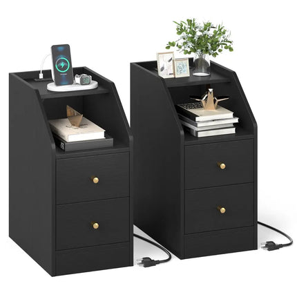 Set of 2 Side End Tables with Charging Station Sofa Couch Tables with Shelf Drawers-Black - Black - End & Side Tables