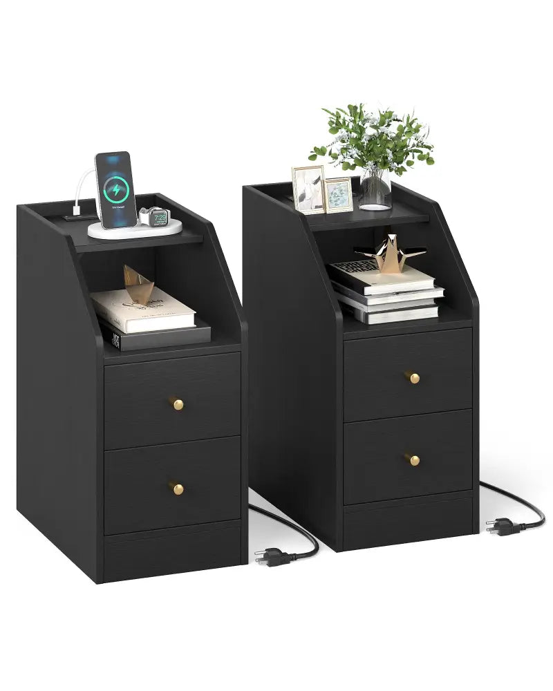 Set of 2 Side End Tables with Charging Station Sofa Couch Tables with Shelf Drawers-Black - Black - End & Side Tables