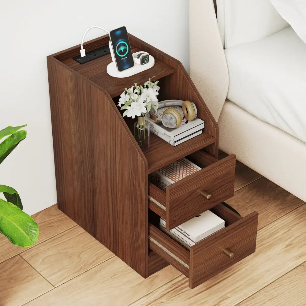 Set of 2 Side End Tables with Charging Station Sofa Couch Tables with Shelf Drawers-Walnut - Walnut - End & Side Tables