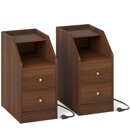 Set of 2 Side End Tables with Charging Station Sofa Couch Tables with Shelf Drawers-Walnut - Walnut - End & Side Tables