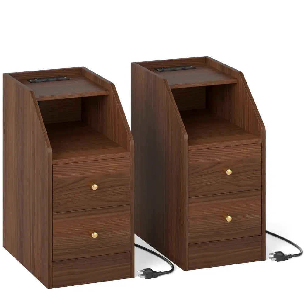 Set of 2 Side End Tables with Charging Station Sofa Couch Tables with Shelf Drawers-Walnut - Walnut - End & Side Tables