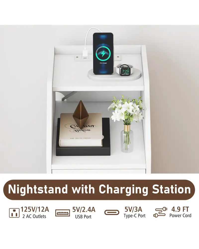 Set of 2 Side End Tables with Charging Station Sofa Couch Tables with Shelf Drawers-White - White - End & Side Tables