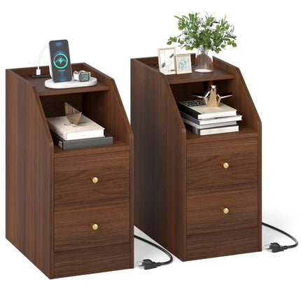 Set of 2 Side End Tables with Charging Station Sofa Couch Tables with Shelf Drawers-Walnut - Walnut - End & Side Tables
