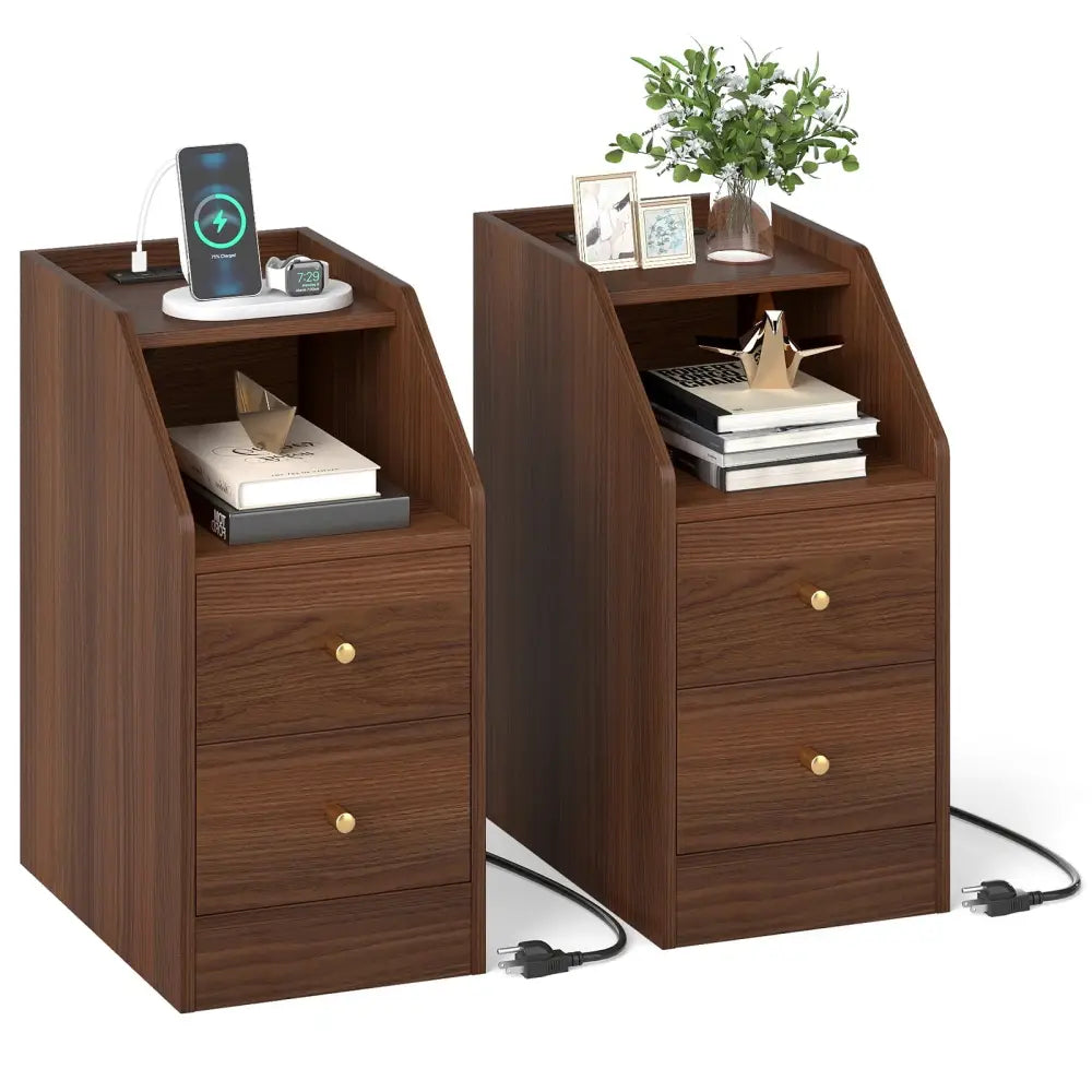 Set of 2 Side End Tables with Charging Station Sofa Couch Tables with Shelf Drawers-Walnut - Walnut - End & Side Tables
