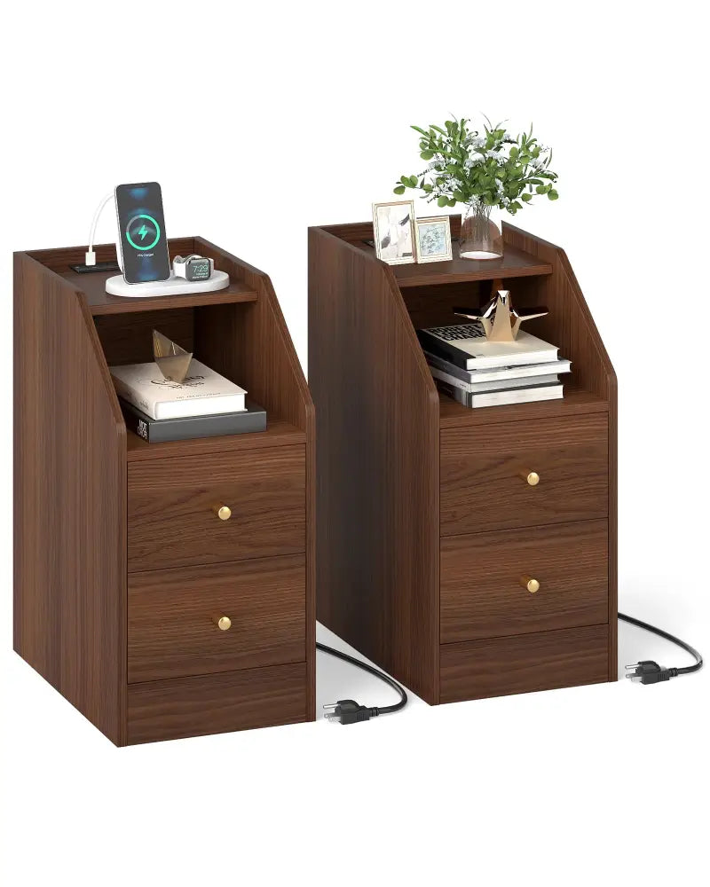 Set of 2 Side End Tables with Charging Station Sofa Couch Tables with Shelf Drawers-Walnut - Walnut - End & Side Tables