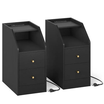 Set of 2 Side End Tables with Charging Station Sofa Couch Tables with Shelf Drawers-Black - Black - End & Side Tables