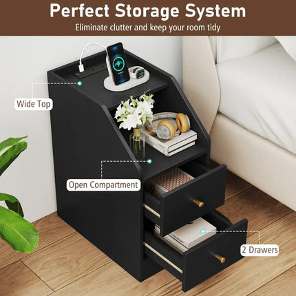 Set of 2 Side End Tables with Charging Station Sofa Couch Tables with Shelf Drawers-Black - Black - End & Side Tables