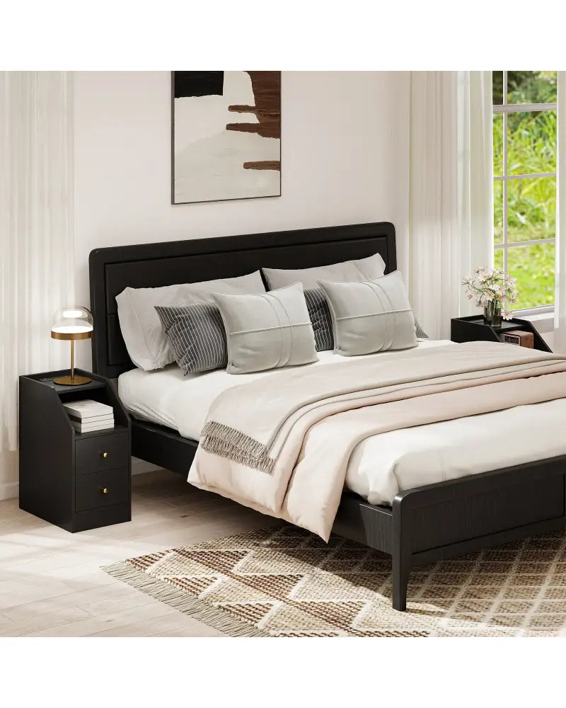 Set of 2 Side End Tables with Charging Station Sofa Couch Tables with Shelf Drawers-Black - Black - End & Side Tables