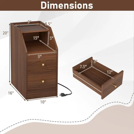 Set of 2 Side End Tables with Charging Station Sofa Couch Tables with Shelf Drawers-Walnut - Walnut - End & Side Tables