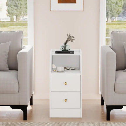 Set of 2 Side End Tables with Charging Station Sofa Couch Tables with Shelf Drawers-White - White - End & Side Tables