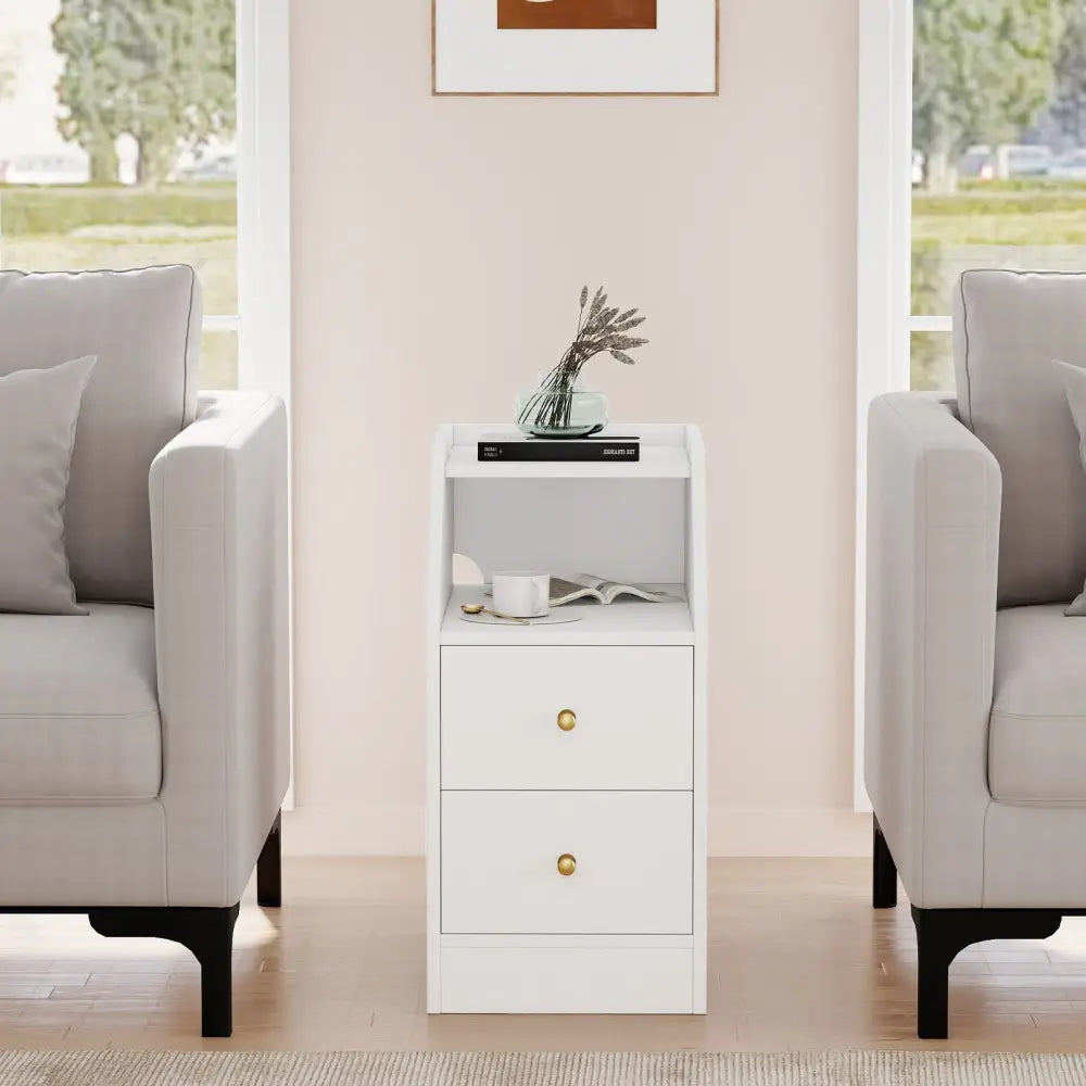 Set of 2 Side End Tables with Charging Station Sofa Couch Tables with Shelf Drawers-White - White - End & Side Tables