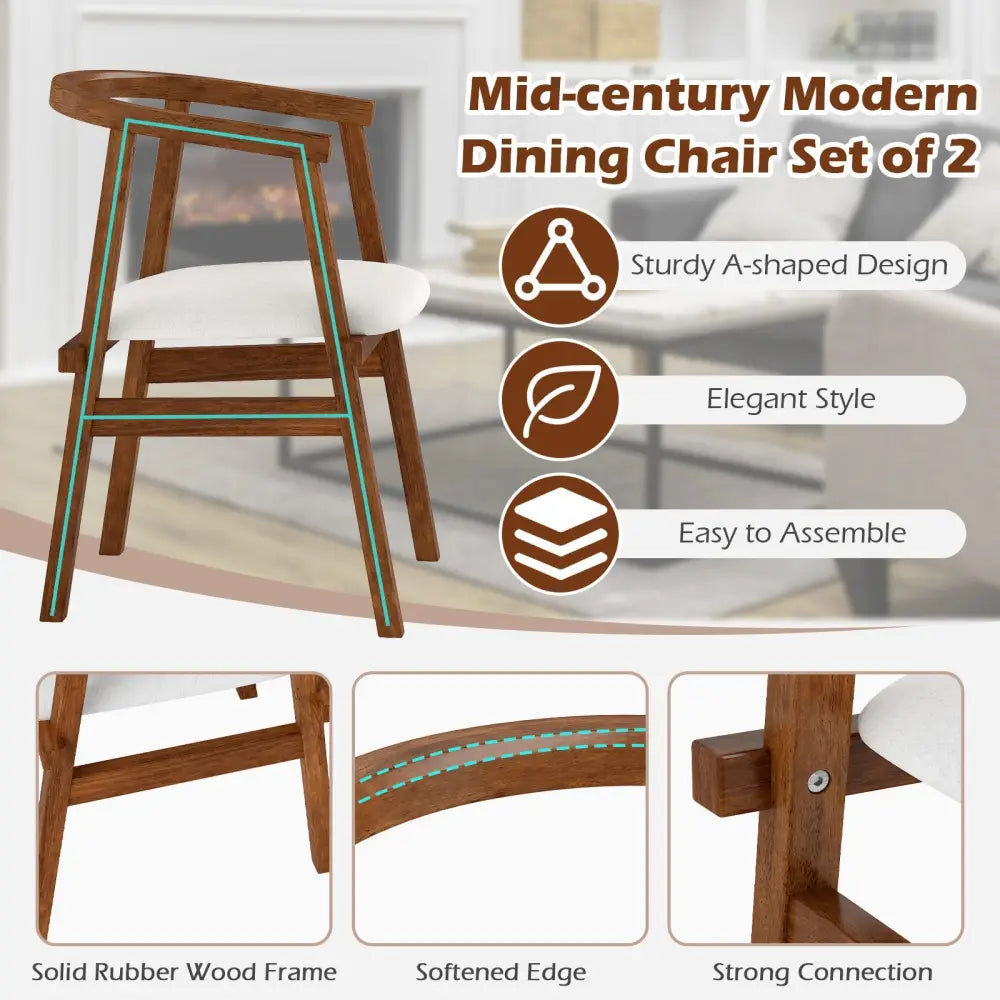 Set of 2 Solid Rubber Wood Dining Room Chairs with Wrap-around Armrest-Walnut - Walnut - Dining Chairs